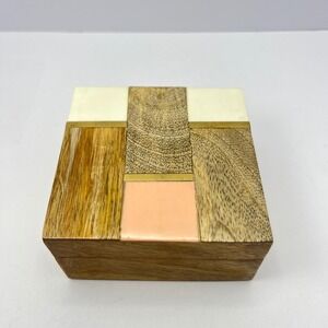 Vintage Wood Inlay Trinket Box Brass Midcentury Geometric Jewelry Handcrafted